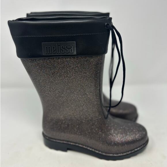 Mel Dreamed by Melissa Girl's Black Glitter Rain Boot Ruffle Me This‎ Size 3 - Picture 3 of 9